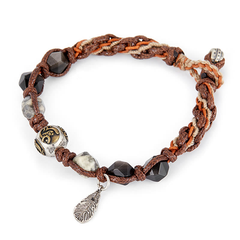 Bracelet tressé fait main en corde de transport en obsidienne argentée et brillante en argent sterling 925 avec Buddha Stones