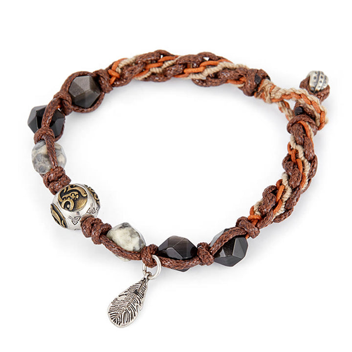 Bracelet tressé fait main en corde de transport en obsidienne argentée et brillante en argent sterling 925 avec Buddha Stones