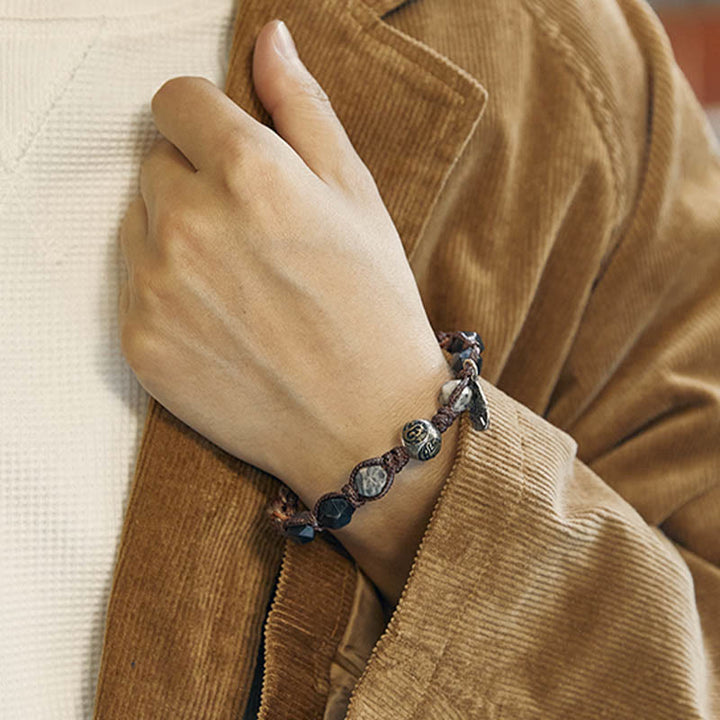 Bracelet tressé fait main en corde de transport en obsidienne argentée et brillante en argent sterling 925 avec Buddha Stones