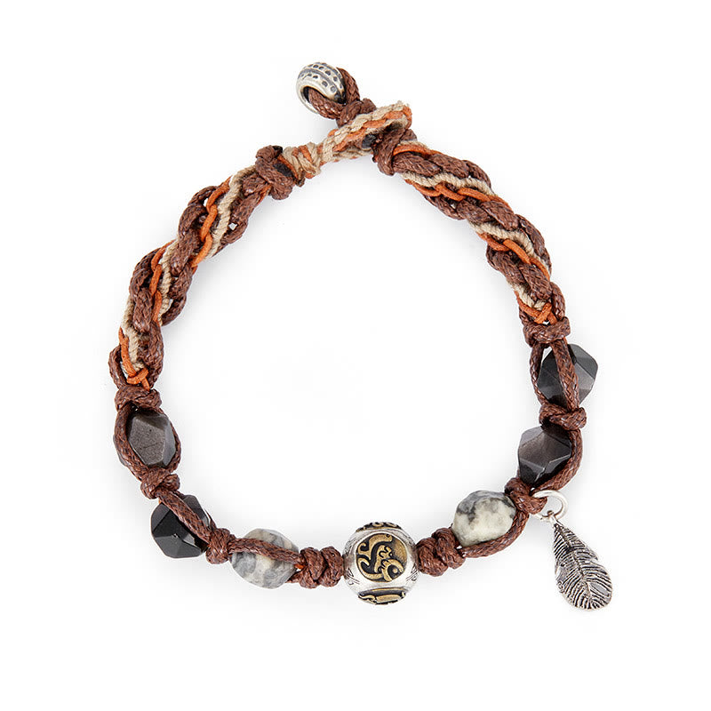 Bracelet tressé fait main en corde de transport en obsidienne argentée et brillante en argent sterling 925 avec Buddha Stones