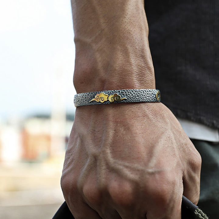 Bracelet manchette rétro en argent sterling 999 avec Buddha Stones et cœur Sutra, nuage de bon augure et richesse