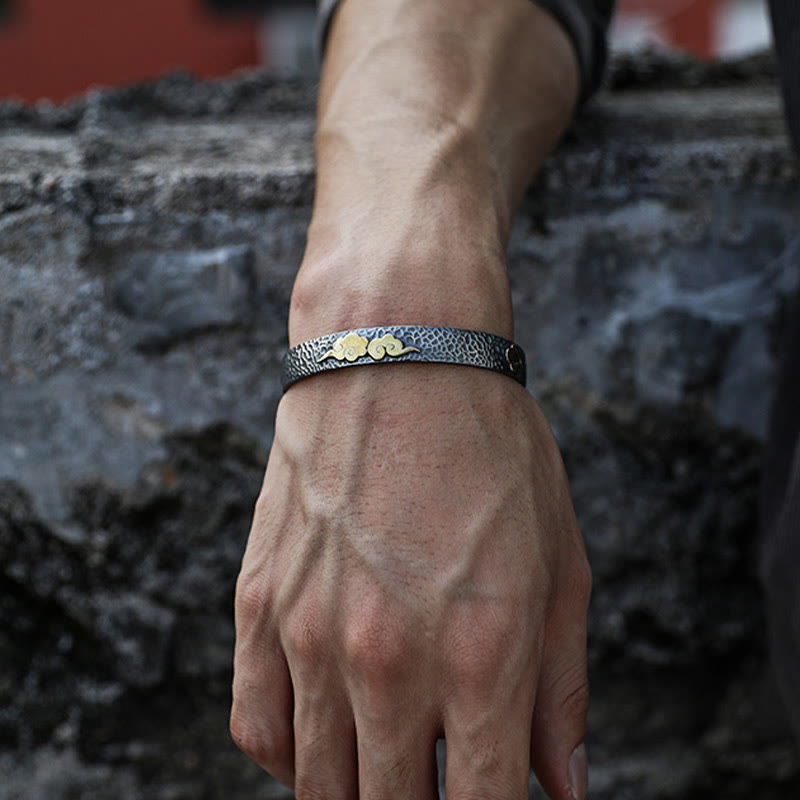 Bracelet manchette rétro en argent sterling 999 avec Buddha Stones et cœur Sutra, nuage de bon augure et richesse