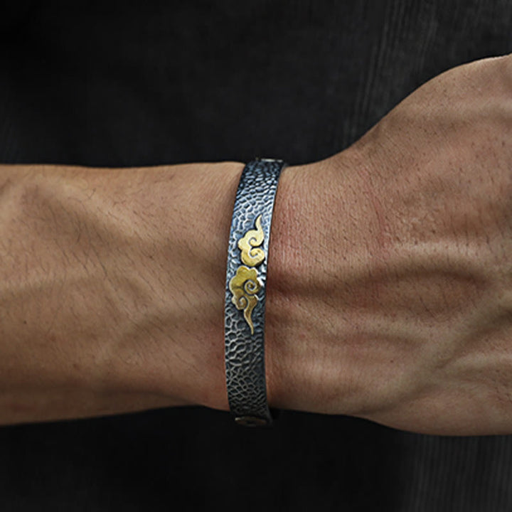 Bracelet manchette rétro en argent sterling 999 avec Buddha Stones et cœur Sutra, nuage de bon augure et richesse