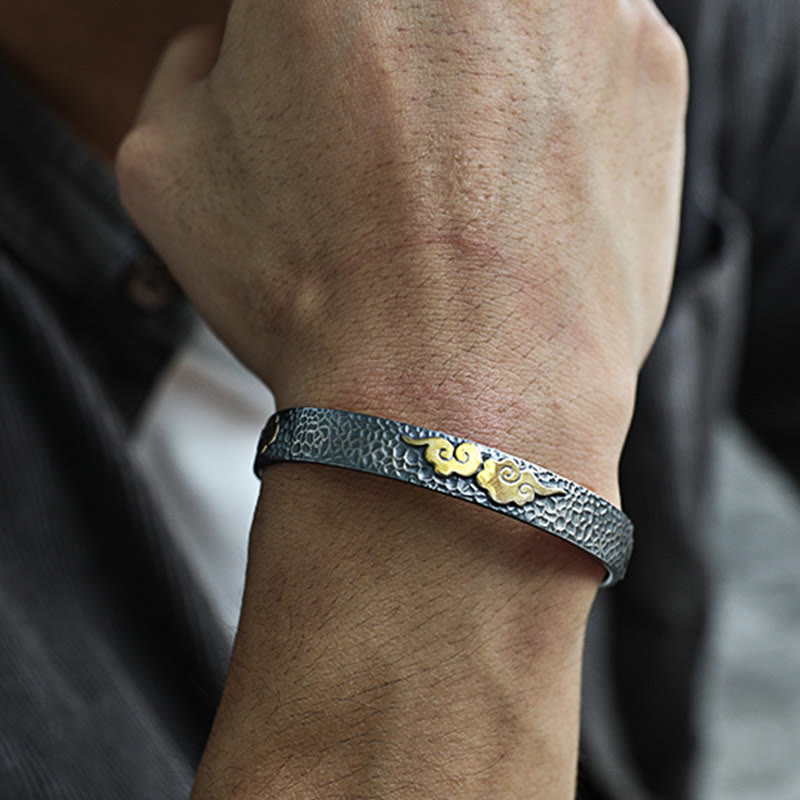 Bracelet manchette rétro en argent sterling 999 avec Buddha Stones et cœur Sutra, nuage de bon augure et richesse