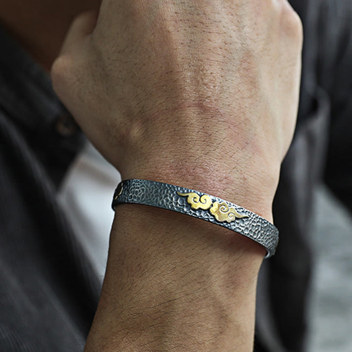 Bracelet manchette rétro en argent sterling 999 avec Buddha Stones et cœur Sutra, nuage de bon augure et richesse