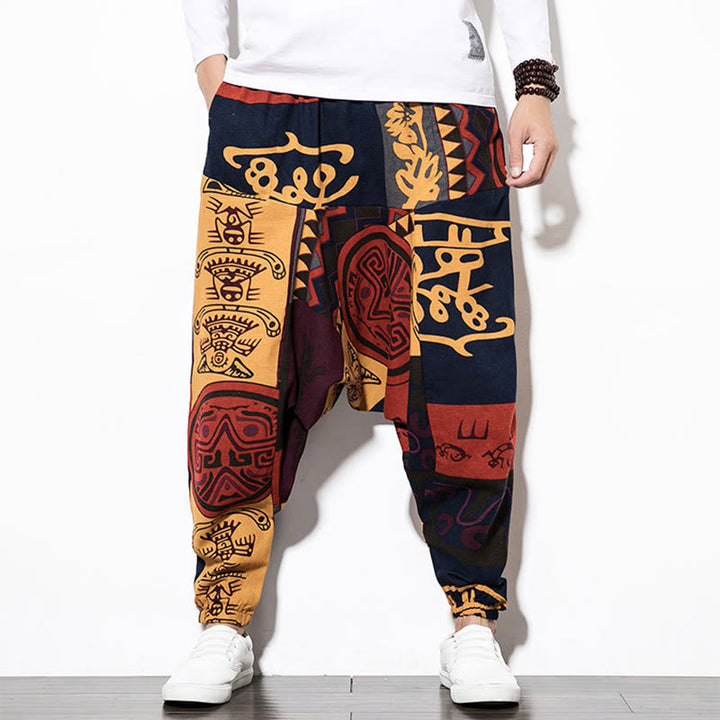 Pantalon sarouel pour homme avec poches, imprimé graffiti et oiseaux, motif Buddha Stones rouge et marron - image 9