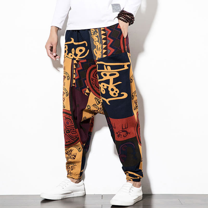 Pantalon sarouel pour homme avec poches, imprimé graffiti et oiseaux, motif Buddha Stones rouge et marron - image 4