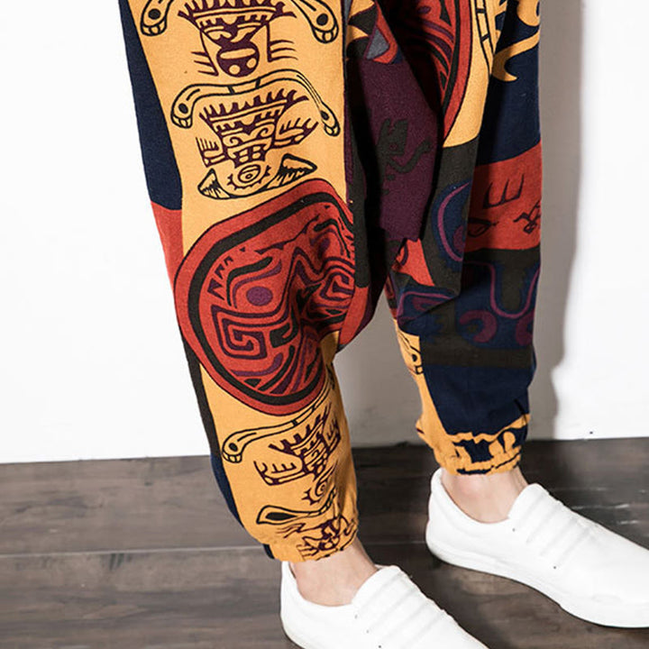 Pantalon sarouel pour homme avec poches, imprimé graffiti et oiseaux, motif Buddha Stones rouge et marron - image 8