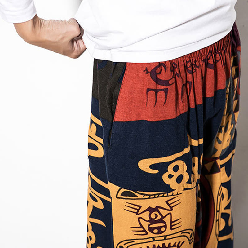 Pantalon sarouel pour homme avec poches, imprimé graffiti et oiseaux, motif Buddha Stones rouge et marron - image 6