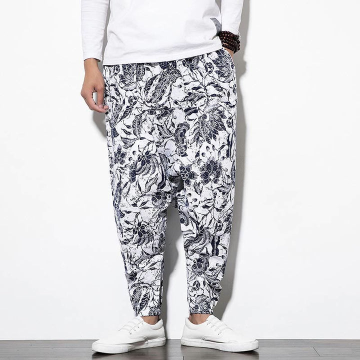 Pantalon sarouel court et long en coton imprimé Buddha Stones Leaves Vine pour homme avec poches - image 1