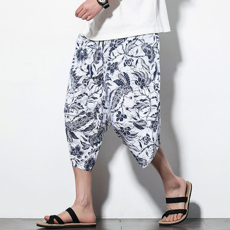 Pantalon sarouel court et long en coton imprimé Buddha Stones Leaves Vine pour homme avec poches - Style recadré azur - US/UK/AU46，EU56 (5XL) - image 9