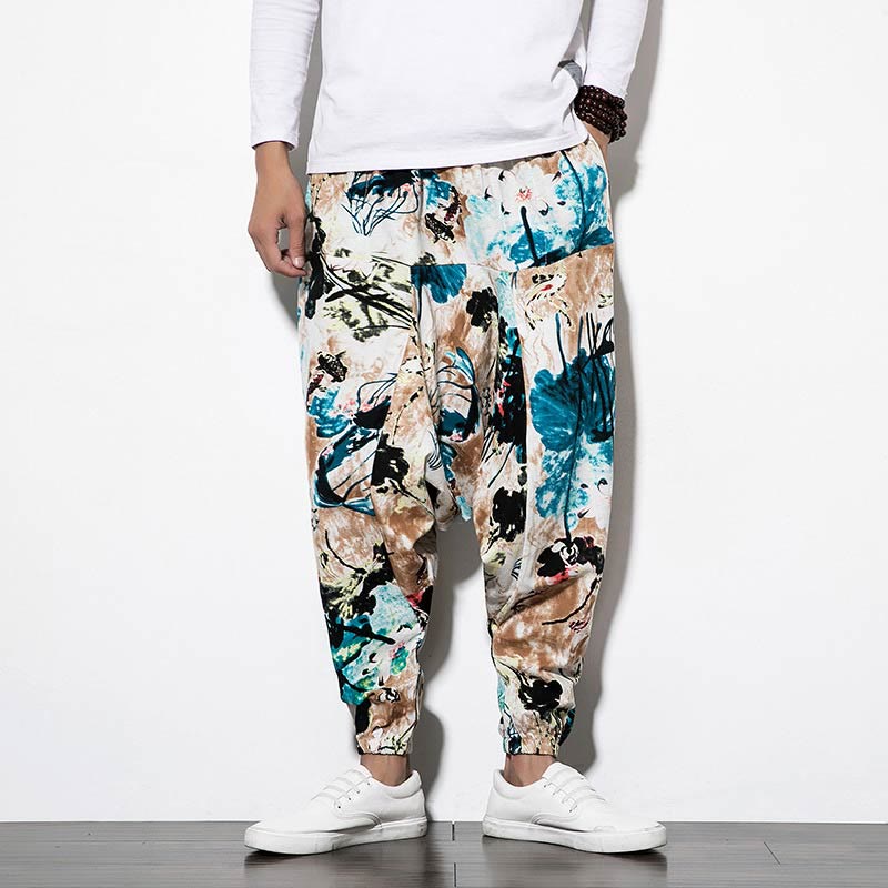 Pantalon sarouel court et long en coton pour homme avec poches, imprimé Buddha Stones, pierres, fleurs, feuilles, marron et bleu - image 1