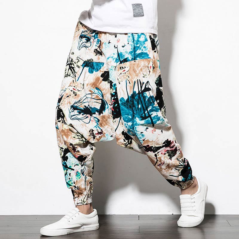 Pantalon sarouel court et long en coton pour homme avec poches, imprimé Buddha Stones, pierres, fleurs, feuilles, marron et bleu - image 6