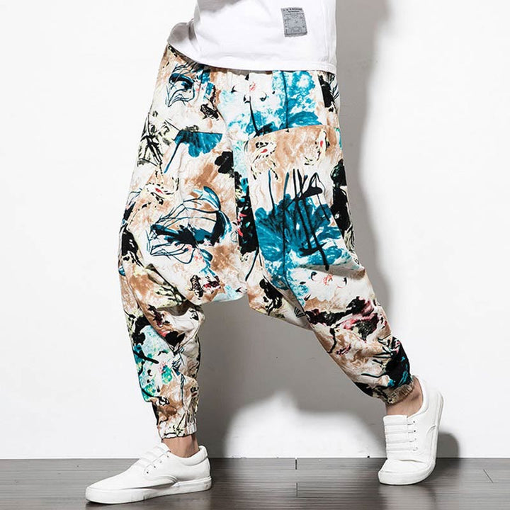 Pantalon sarouel court et long en coton pour homme avec poches, imprimé Buddha Stones, pierres, fleurs, feuilles, marron et bleu - image 6