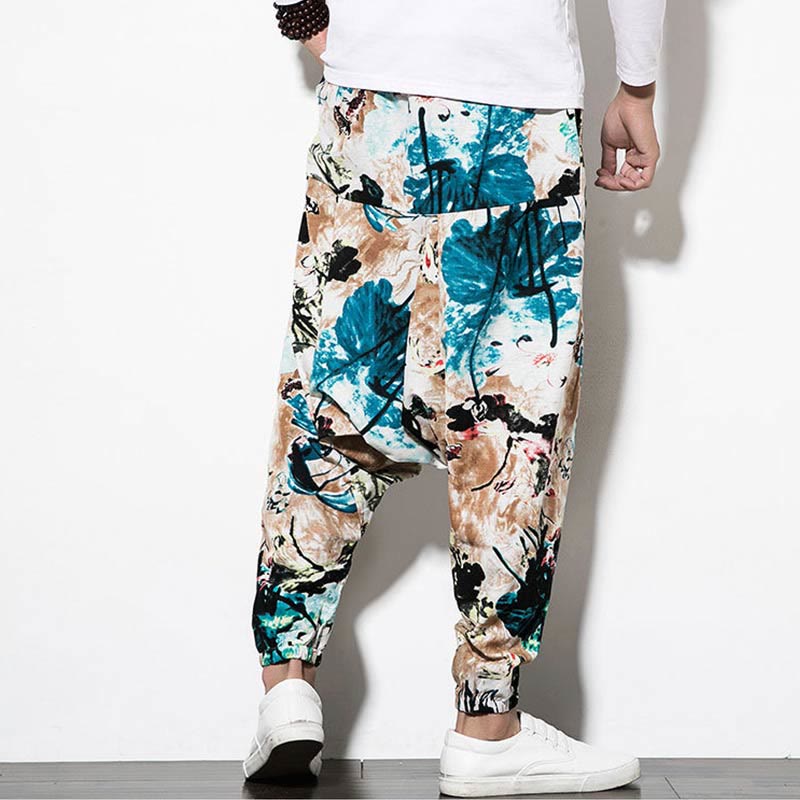 Pantalon sarouel court et long en coton pour homme avec poches, imprimé Buddha Stones, pierres, fleurs, feuilles, marron et bleu - image 2