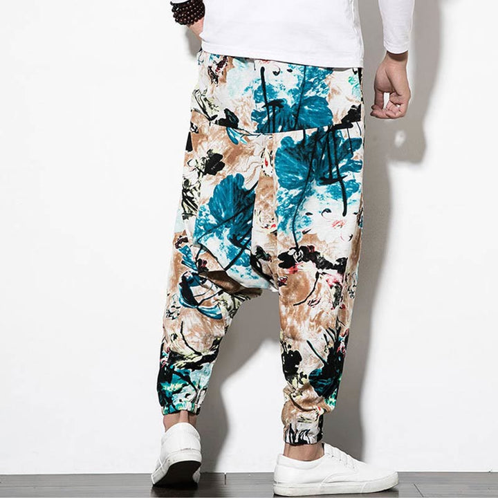 Pantalon sarouel court et long en coton pour homme avec poches, imprimé Buddha Stones, pierres, fleurs, feuilles, marron et bleu - image 2