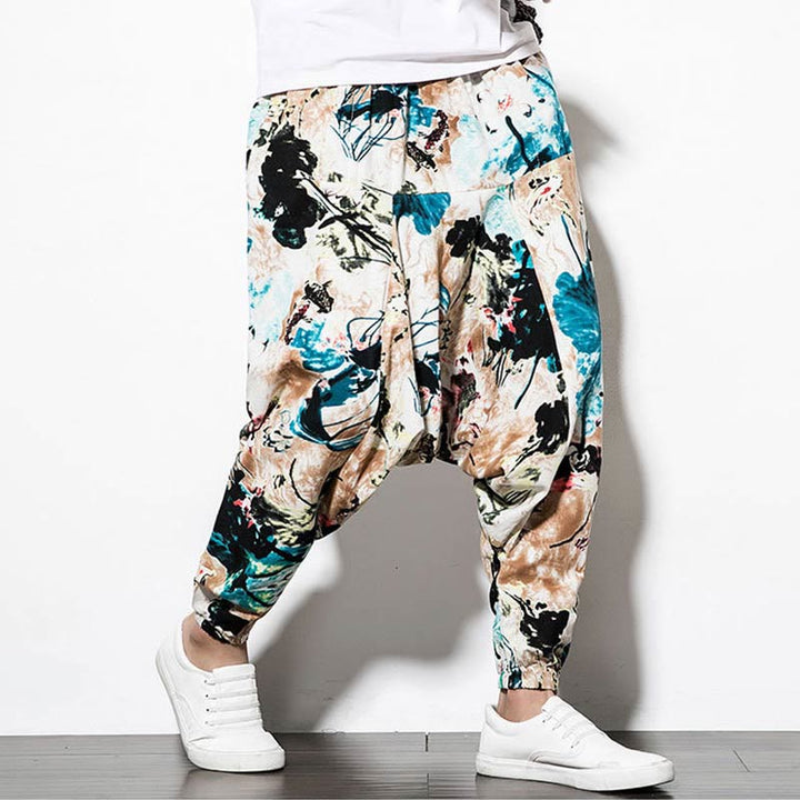 Pantalon sarouel court et long en coton pour homme avec poches, imprimé Buddha Stones, pierres, fleurs, feuilles, marron et bleu - image 4