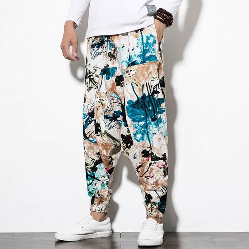Pantalon sarouel court et long en coton pour homme avec poches, imprimé Buddha Stones, pierres, fleurs, feuilles, marron et bleu - image 7