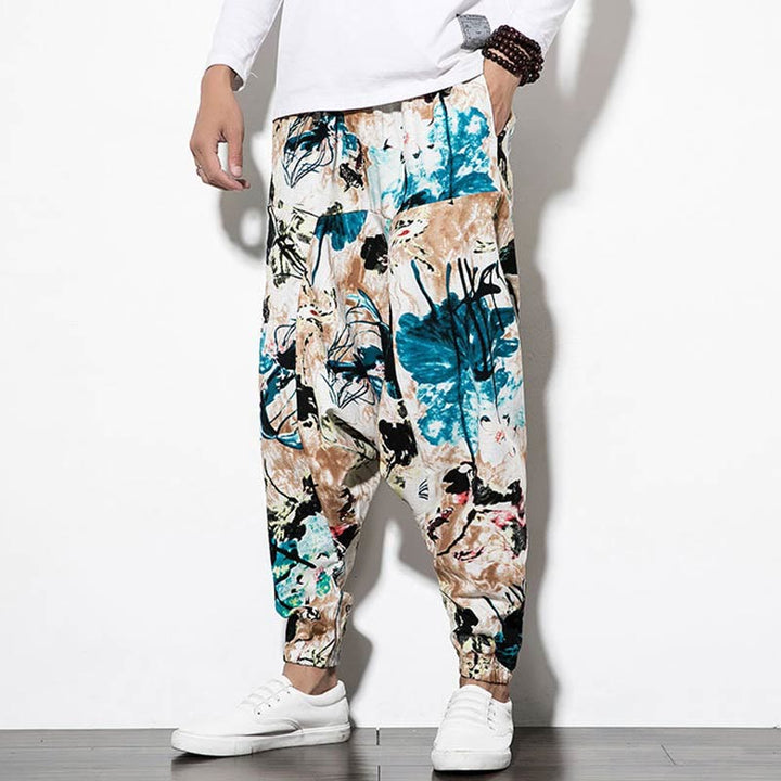 Pantalon sarouel court et long en coton pour homme avec poches, imprimé Buddha Stones, pierres, fleurs, feuilles, marron et bleu - image 7