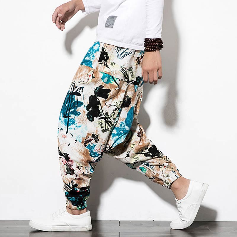 Pantalon sarouel court et long en coton pour homme avec poches, imprimé Buddha Stones, pierres, fleurs, feuilles, marron et bleu - Style long SandyBrown Bleu - US/UK/AU46，EU56 (5XL) - image 0