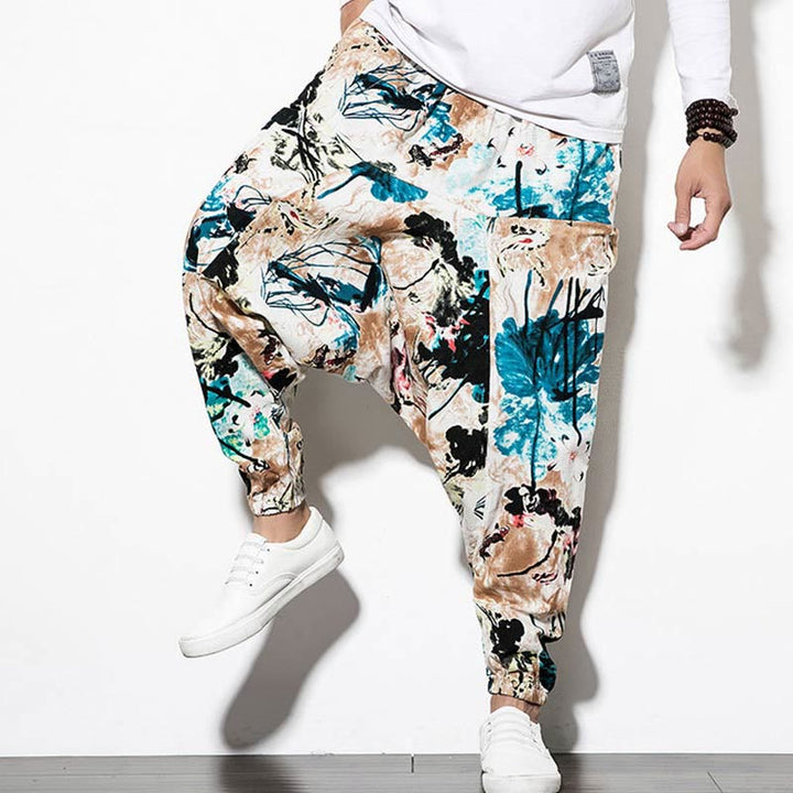 Pantalon sarouel court et long en coton pour homme avec poches, imprimé Buddha Stones, pierres, fleurs, feuilles, marron et bleu - image 8
