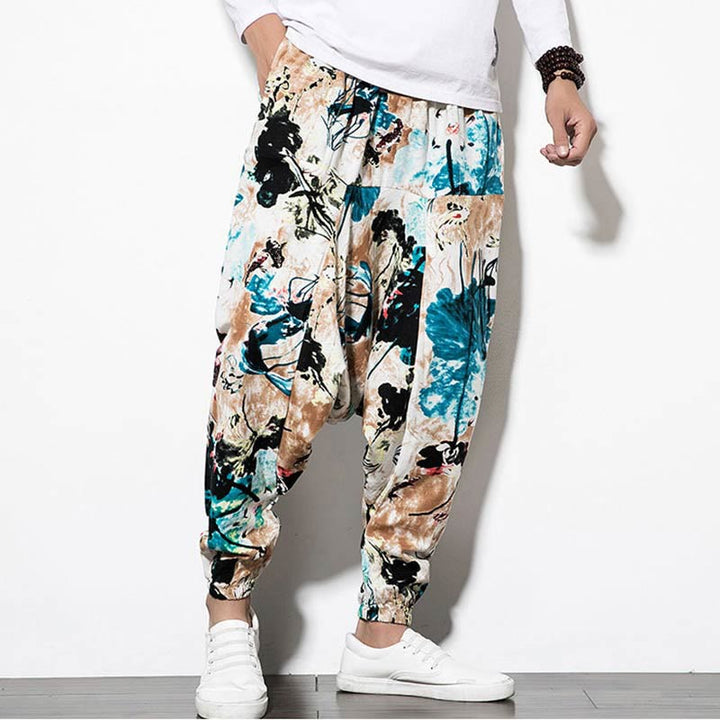 Pantalon sarouel court et long en coton pour homme avec poches, imprimé Buddha Stones, pierres, fleurs, feuilles, marron et bleu - image 5