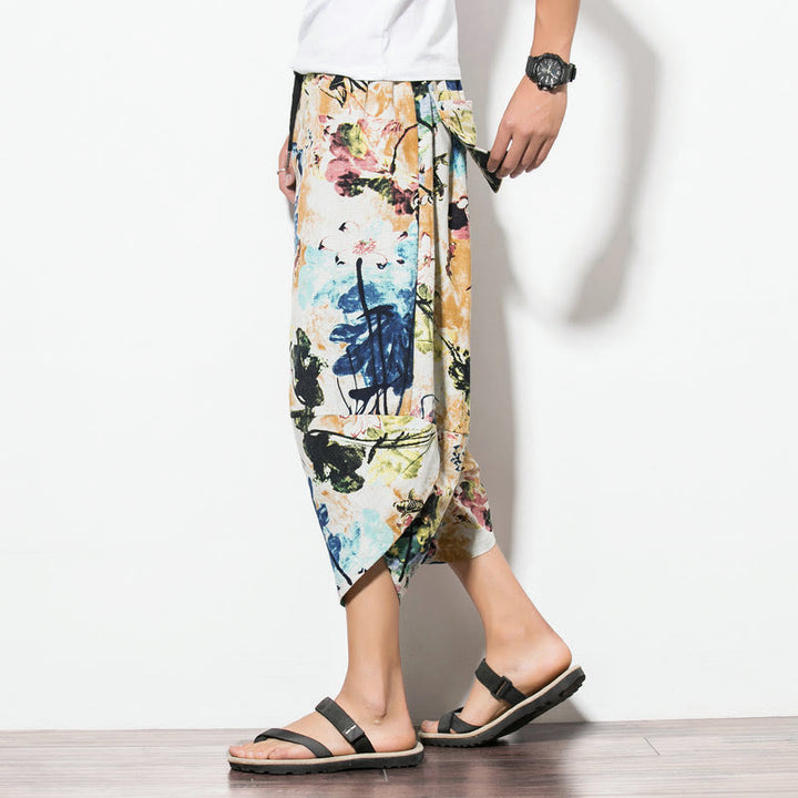 Pantalon sarouel court et long en coton pour homme avec poches, imprimé Buddha Stones, pierres, fleurs, feuilles, marron et bleu - image 14