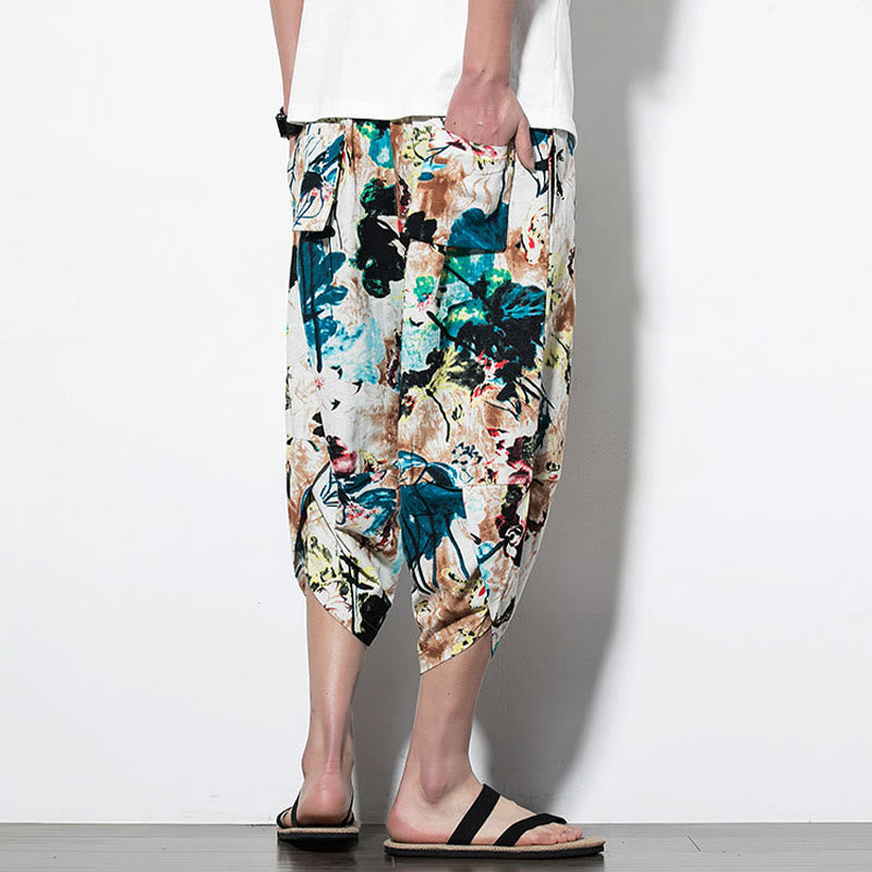 Pantalon sarouel court et long en coton pour homme avec poches, imprimé Buddha Stones, pierres, fleurs, feuilles, marron et bleu - image 11