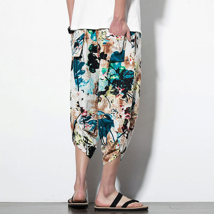 Pantalon sarouel court et long en coton pour homme avec poches, imprimé Buddha Stones, pierres, fleurs, feuilles, marron et bleu - image 11