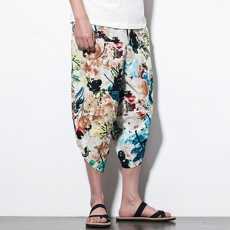 Pantalon sarouel court et long en coton pour homme avec poches, imprimé Buddha Stones, pierres, fleurs, feuilles, marron et bleu - image 13