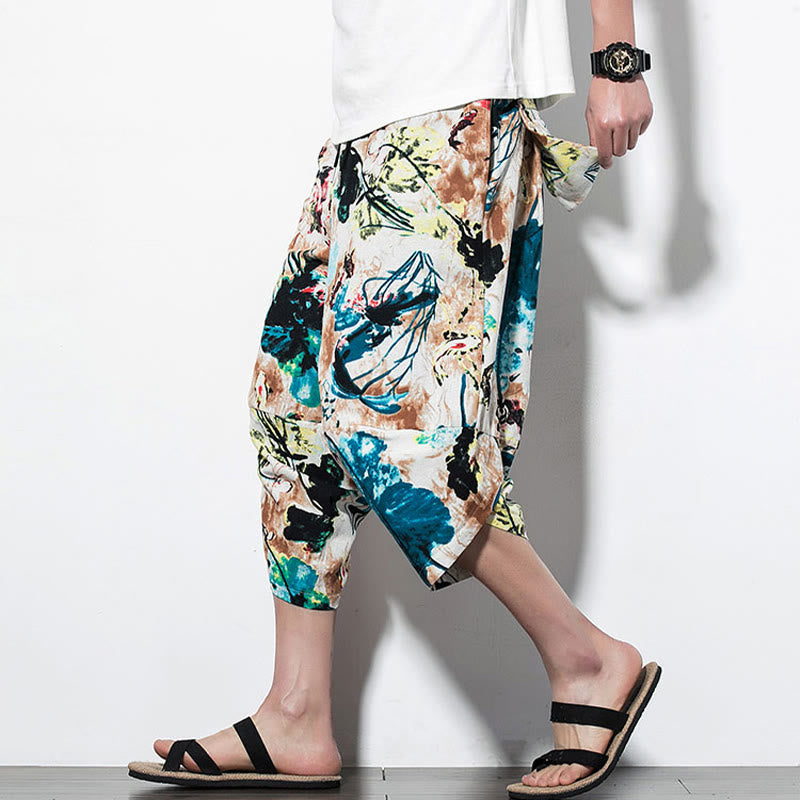 Pantalon sarouel court et long en coton pour homme avec poches, imprimé Buddha Stones, pierres, fleurs, feuilles, marron et bleu - Coupe courte SandyBrown Blue - US/UK/AU46，EU56 (5XL) - image 9