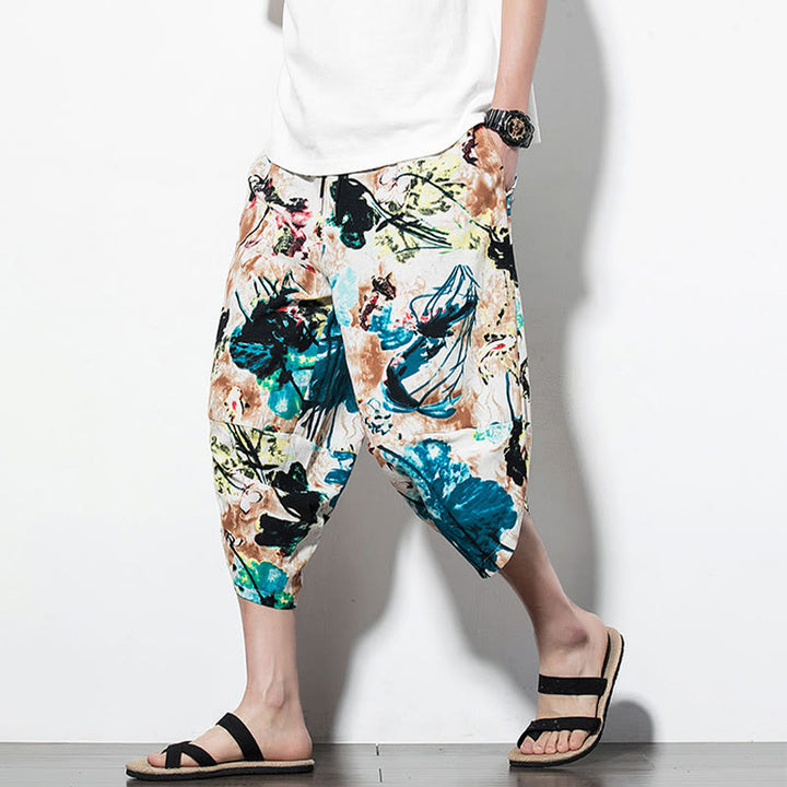 Pantalon sarouel court et long en coton pour homme avec poches, imprimé Buddha Stones, pierres, fleurs, feuilles, marron et bleu - image 18
