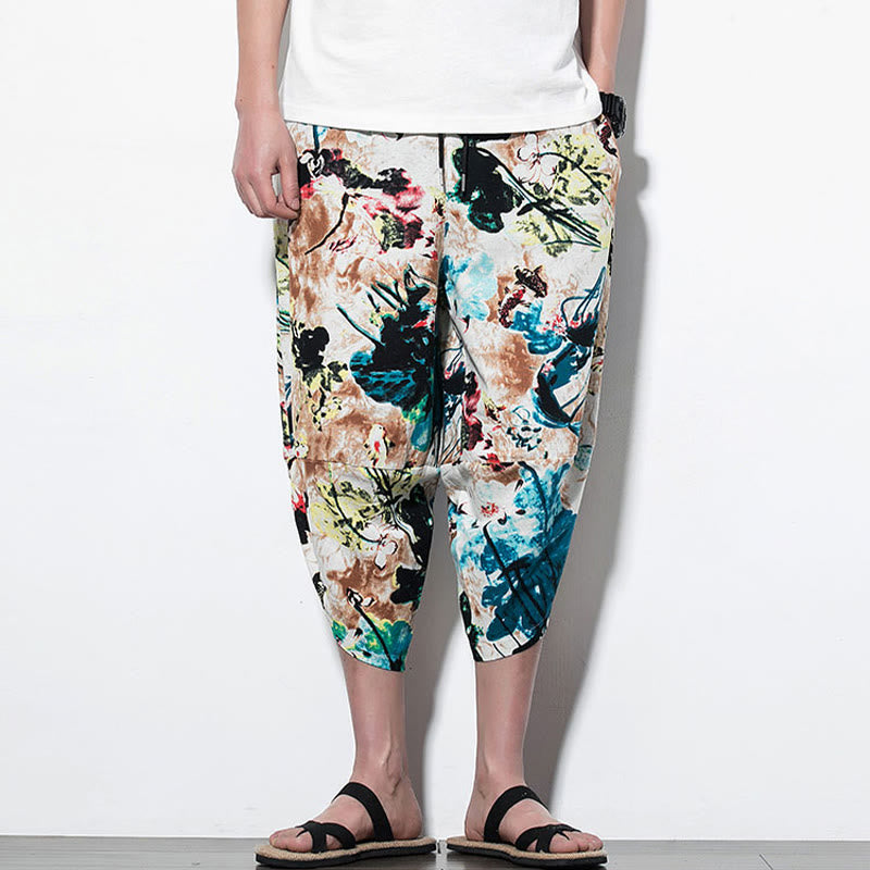 Pantalon sarouel court et long en coton pour homme avec poches, imprimé Buddha Stones, pierres, fleurs, feuilles, marron et bleu - image 10