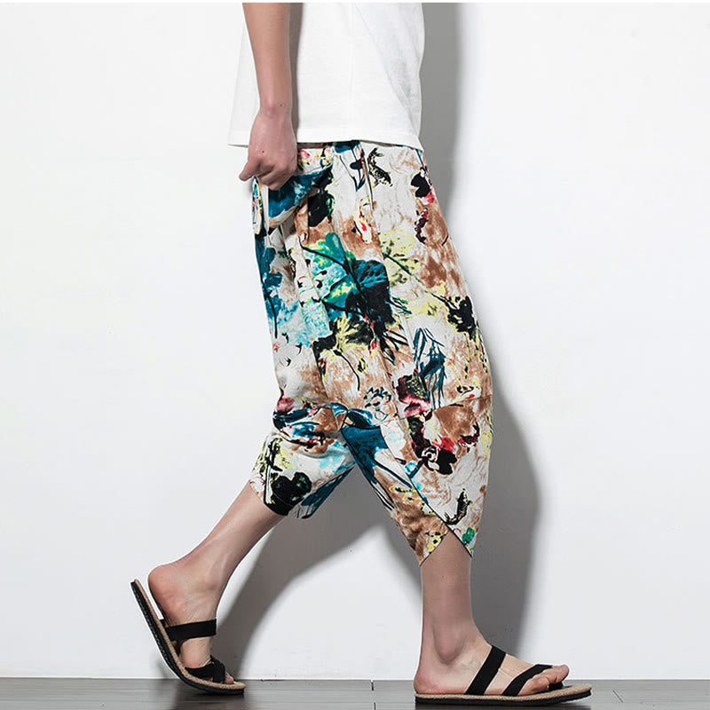 Pantalon sarouel court et long en coton pour homme avec poches, imprimé Buddha Stones, pierres, fleurs, feuilles, marron et bleu - image 17