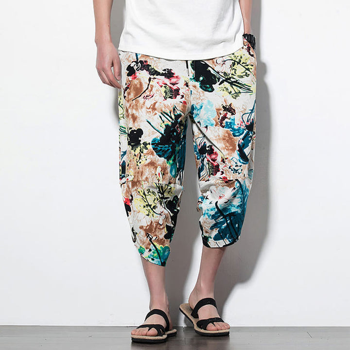 Pantalon sarouel court et long en coton pour homme avec poches, imprimé Buddha Stones, pierres, fleurs, feuilles, marron et bleu - image 15