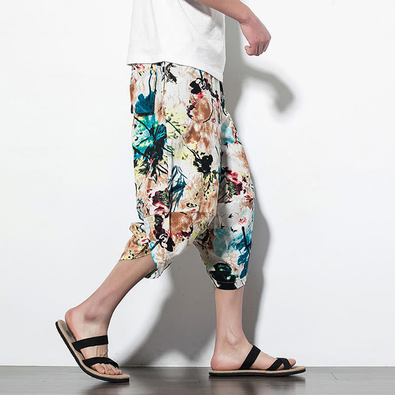 Pantalon sarouel court et long en coton pour homme avec poches, imprimé Buddha Stones, pierres, fleurs, feuilles, marron et bleu - image 16