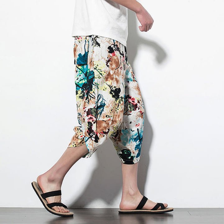 Pantalon sarouel court et long en coton pour homme avec poches, imprimé Buddha Stones, pierres, fleurs, feuilles, marron et bleu - image 16