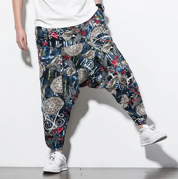 Pantalon sarouel en coton pour homme avec poches et imprimé libellule et pissenlit rouge Buddha Stones - image 7
