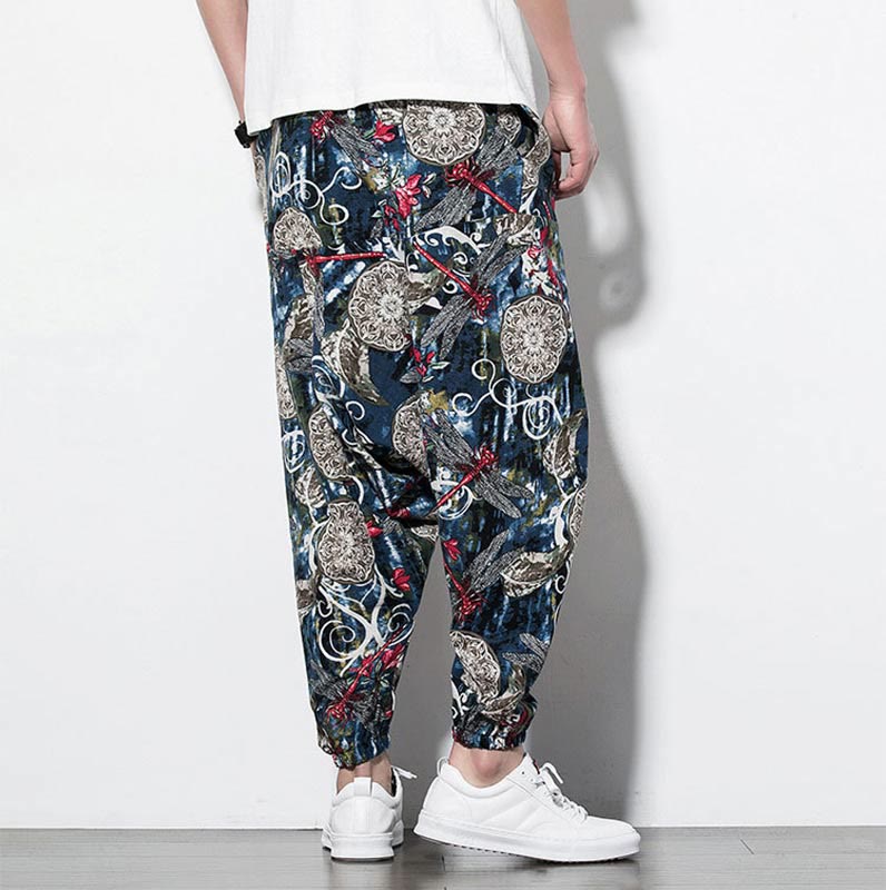 Pantalon sarouel en coton pour homme avec poches et imprimé libellule et pissenlit rouge Buddha Stones - image 2