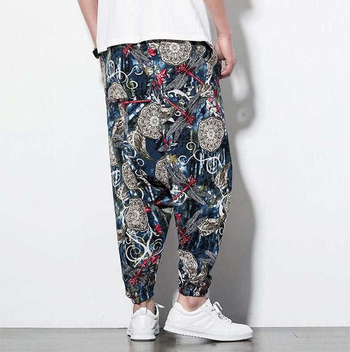 Pantalon sarouel en coton pour homme avec poches et imprimé libellule et pissenlit rouge Buddha Stones - image 2