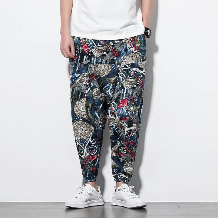 Pantalon sarouel en coton pour homme avec poches et imprimé libellule et pissenlit rouge Buddha Stones - image 1