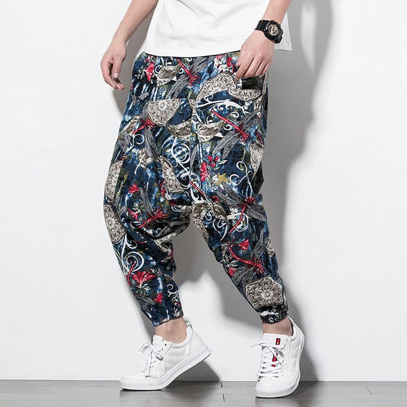 Pantalon sarouel en coton pour homme avec poches et imprimé libellule et pissenlit rouge Buddha Stones - image 4
