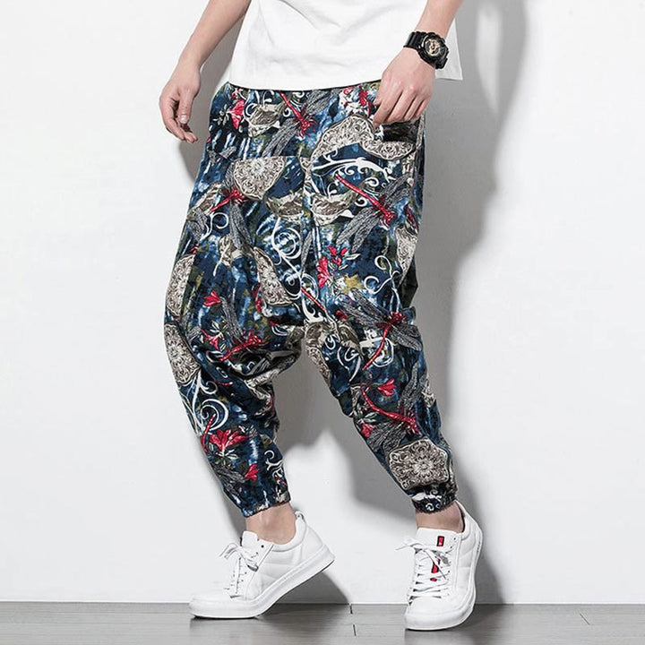 Pantalon sarouel en coton pour homme avec poches et imprimé libellule et pissenlit rouge Buddha Stones - image 4