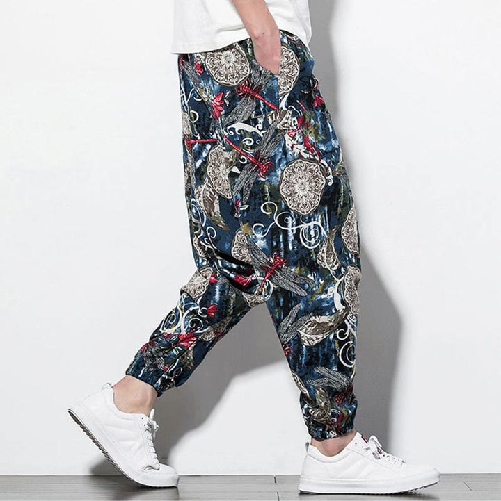 Pantalon sarouel en coton pour homme avec poches et imprimé libellule et pissenlit rouge Buddha Stones - image 3