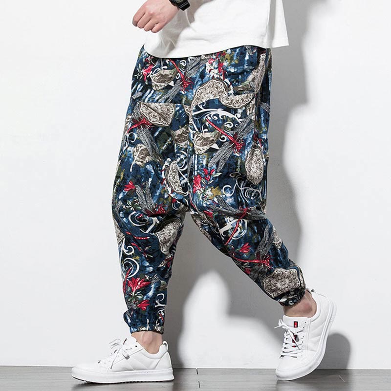 Pantalon sarouel en coton pour homme avec poches et imprimé libellule et pissenlit rouge Buddha Stones - image 6