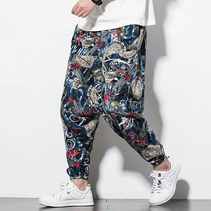 Pantalon sarouel en coton pour homme avec poches et imprimé libellule et pissenlit rouge Buddha Stones - image 6