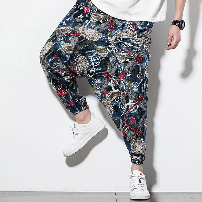 Pantalon sarouel en coton pour homme avec poches et imprimé libellule et pissenlit rouge Buddha Stones - image 8