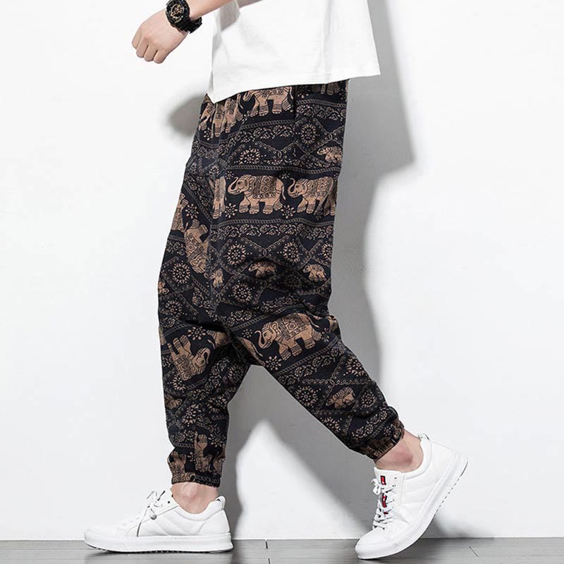 Pantalon Buddha Stones court et long en coton pour homme avec poches et imprimé éléphant marron et noir