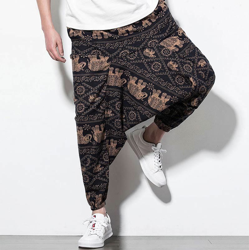 Pantalon Buddha Stones court et long en coton pour homme avec poches et imprimé éléphant marron et noir - image 7