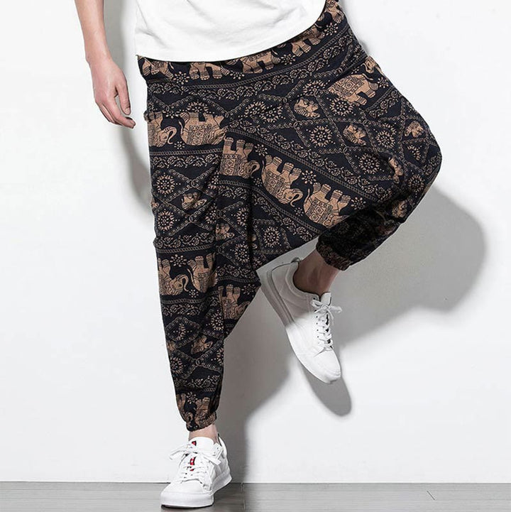 Pantalon Buddha Stones court et long en coton pour homme avec poches et imprimé éléphant marron et noir - image 7